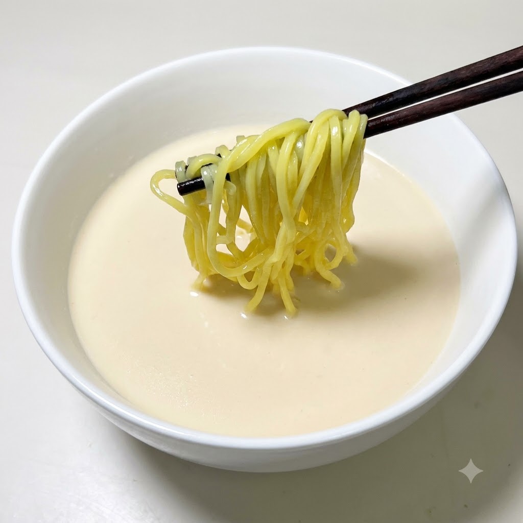 Un paio di bacchette che trattengono noodles di ramen dorati sopra una ciotola di base di zuppa cremosa bianca.