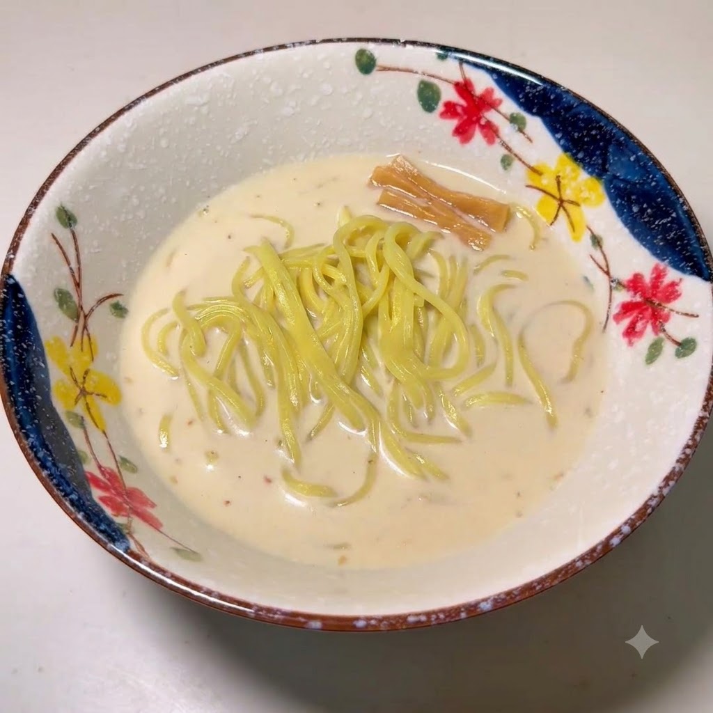 Una ciotola decorativa di noodles ramen in brodo, guarnita con germogli di bambù.