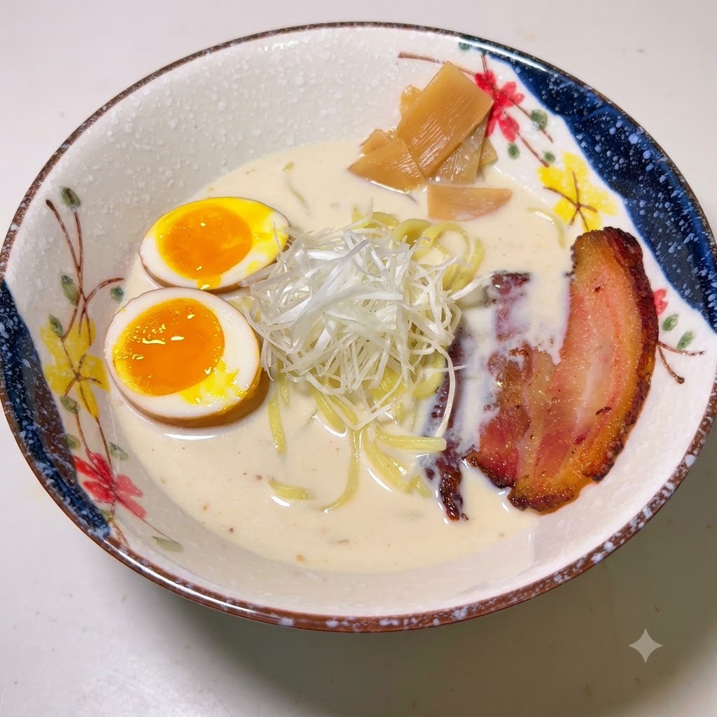 Una ciotola di ramen guarnita con germogli di bambù, un uovo barzotto tagliato a metà, cipollotti sminuzzati e una fetta di maiale chashu.