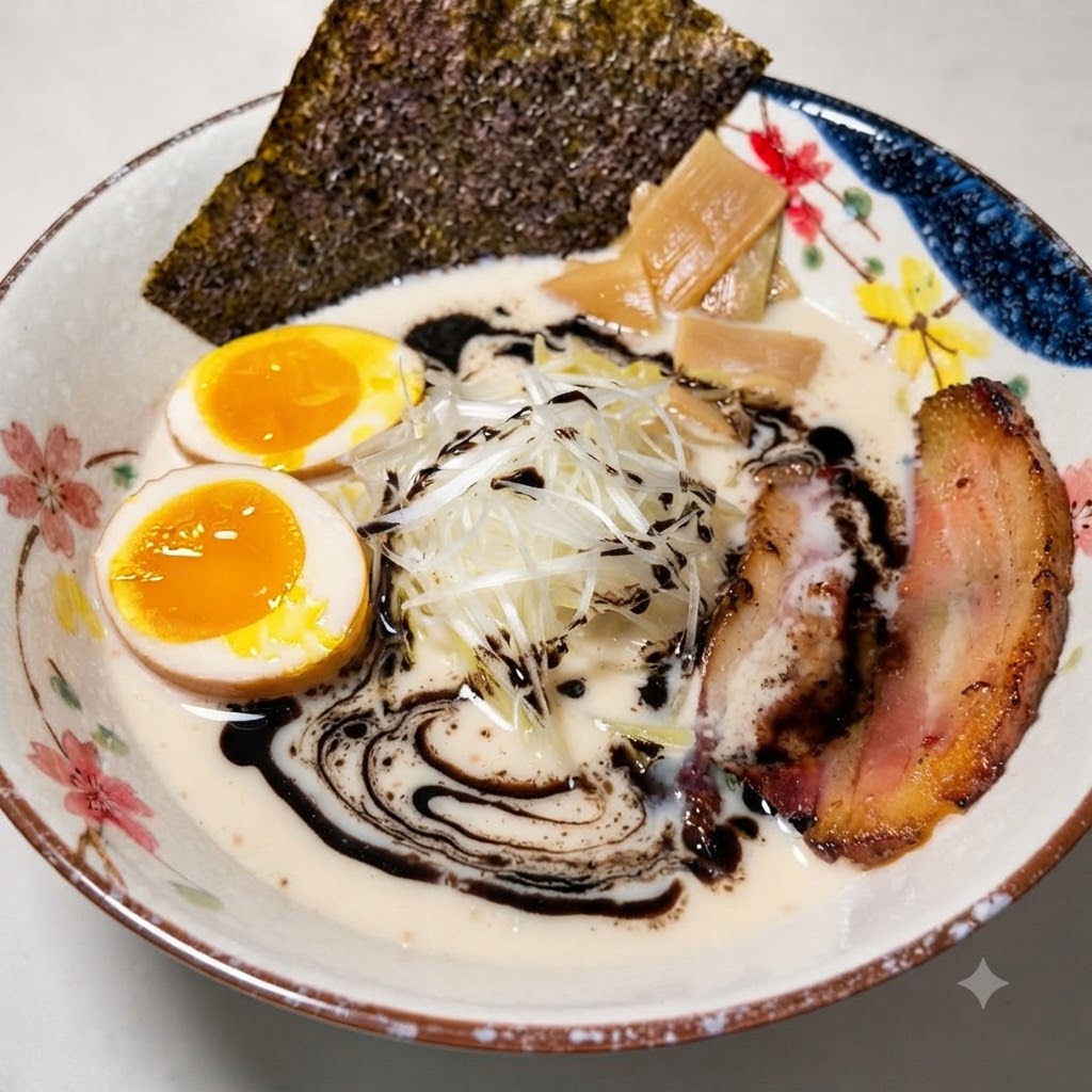 Una ciotola di ramen completamente assemblata con olio daglio nero fatto colare sul brodo e sugli ingredienti.