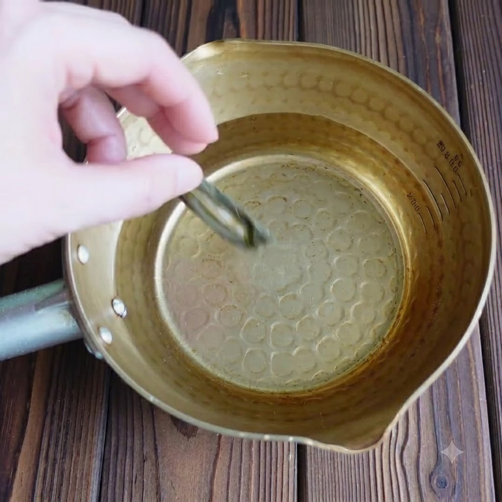 Kombu disidratata immersa in una pentola di ottone riempita dacqua.