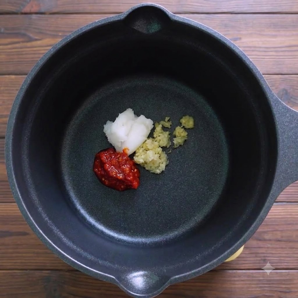 Pasta di chili, lardo di maiale e aromi tritati allinterno di una pentola nera.