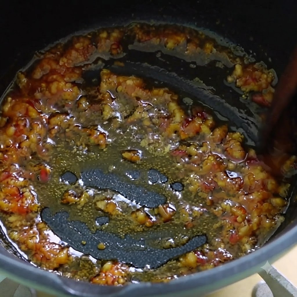 Acqua di kombu versata sul composto di aglio, zenzero e pasta di chili fritti.