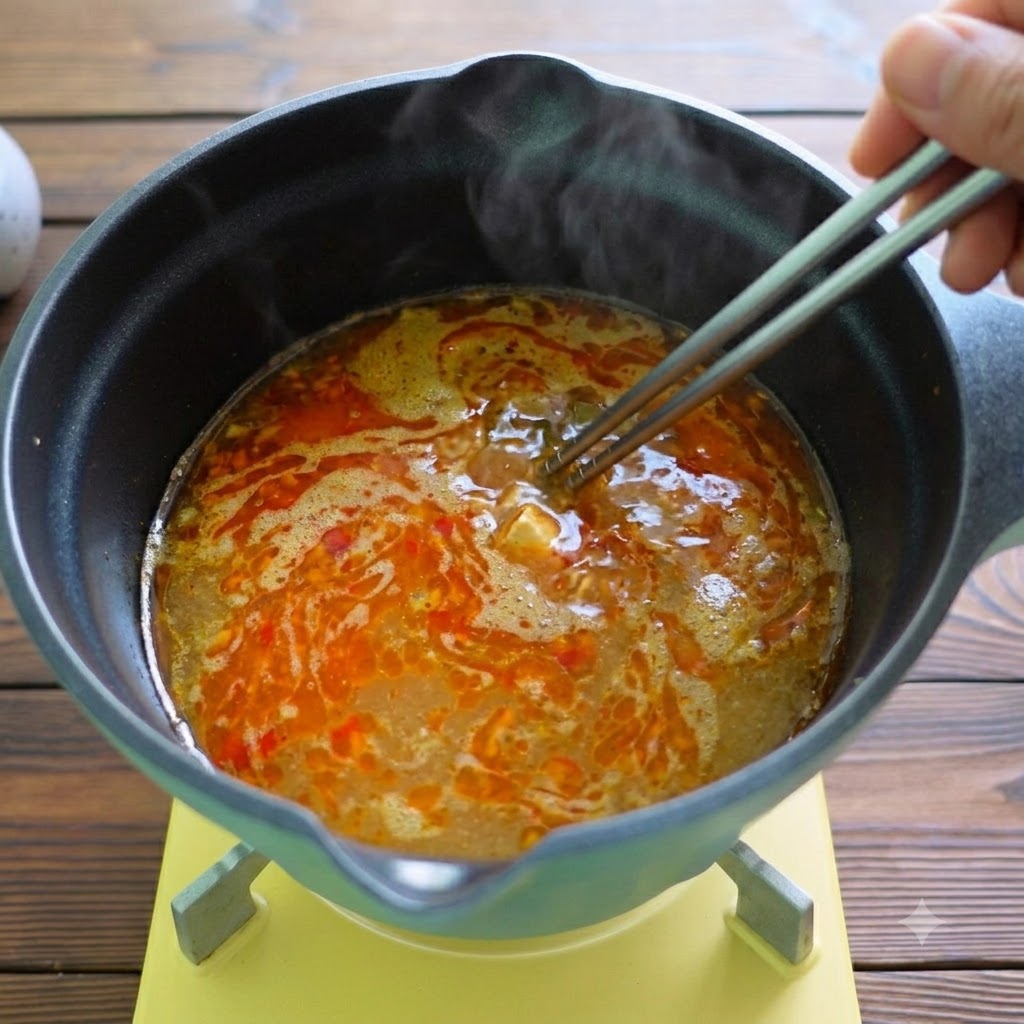 Kombu sollevato dal brodo caldo usando bacchette di metallo.
