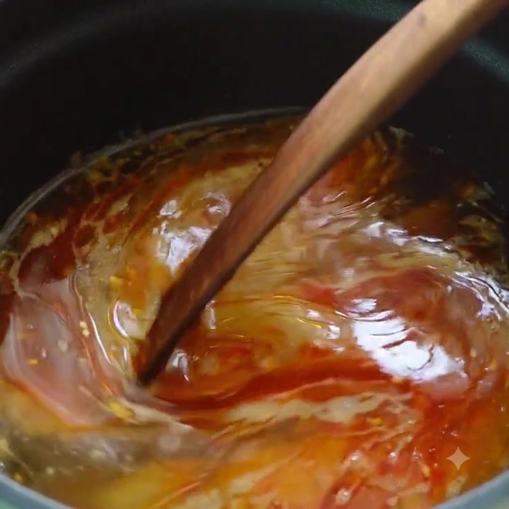 La base della zuppa completata mescolata con un cucchiaio di legno in una pentola.