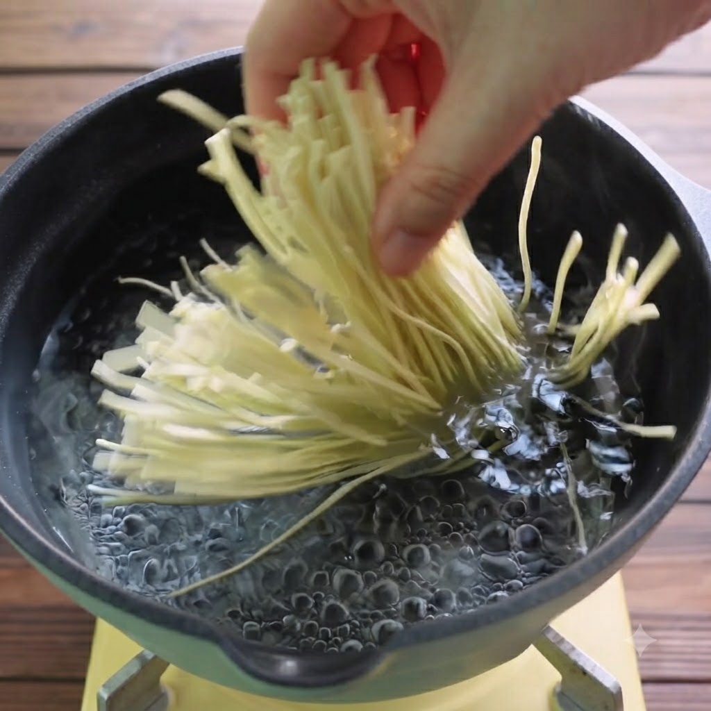 Una mano che inserisce un mazzetto di noodles di ramen freschi in una pentola di acqua bollente gorgogliante.