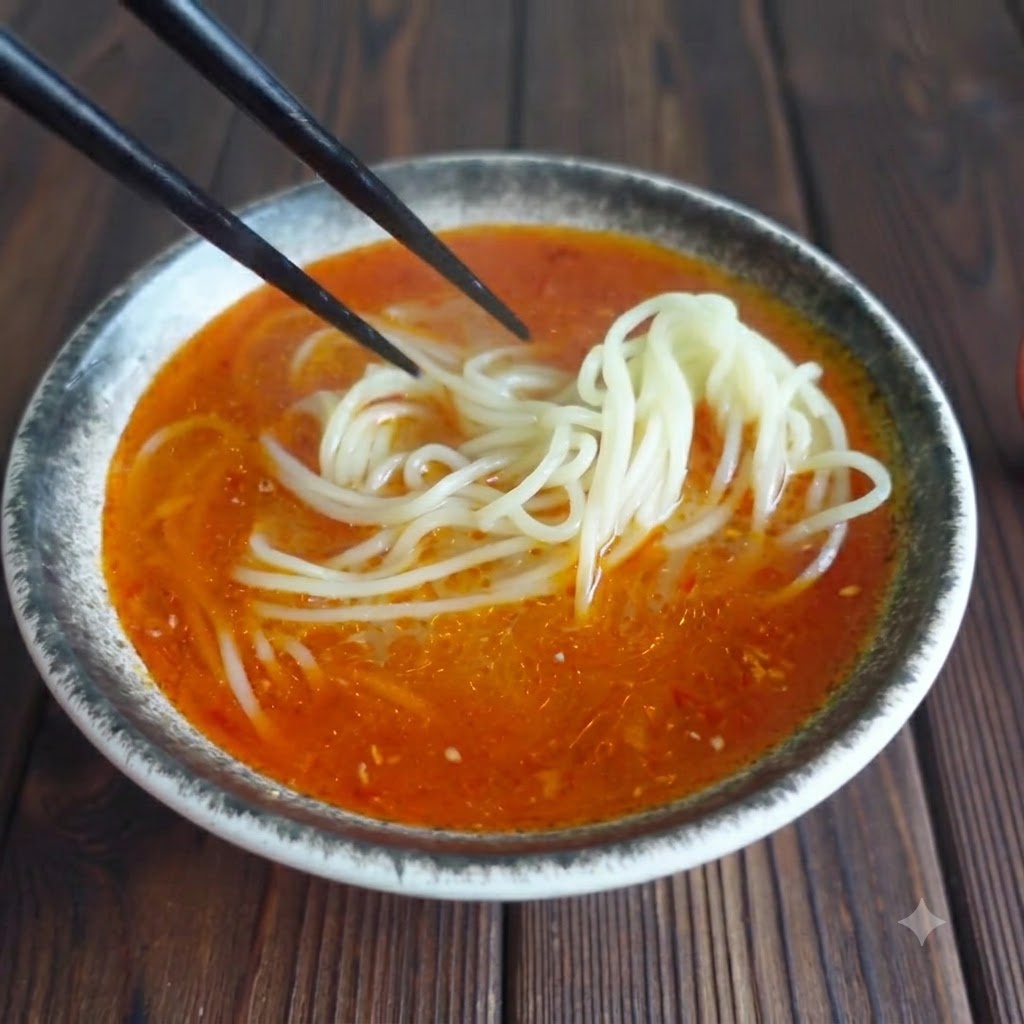 Bacchette che posizionano fette di carne sui noodles sommersi in una base di zuppa rossa.