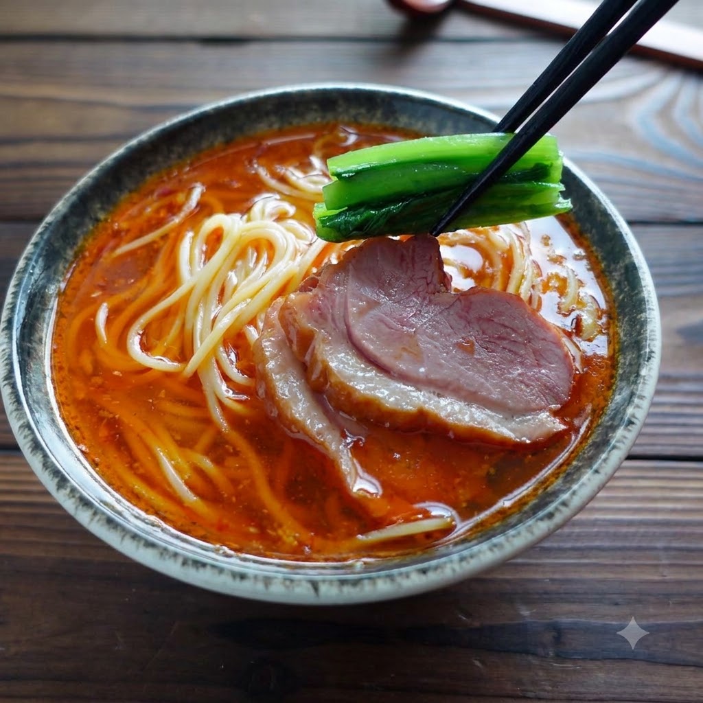 Bacchette che tengono verdure verdi sopra una ciotola di ramen guarnita con carne affettata.