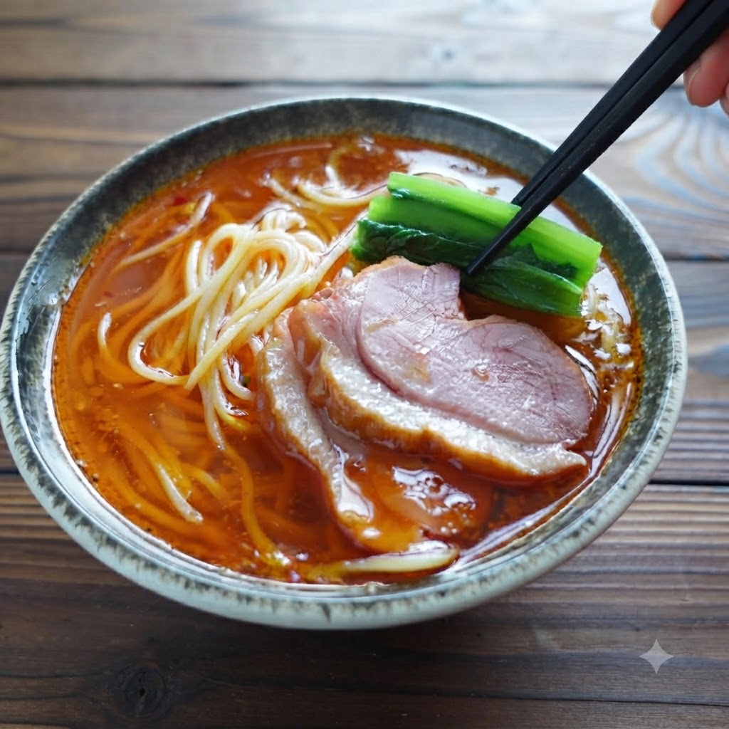 Germogli di bambù posizionati in una ciotola di ramen usando le bacchette.