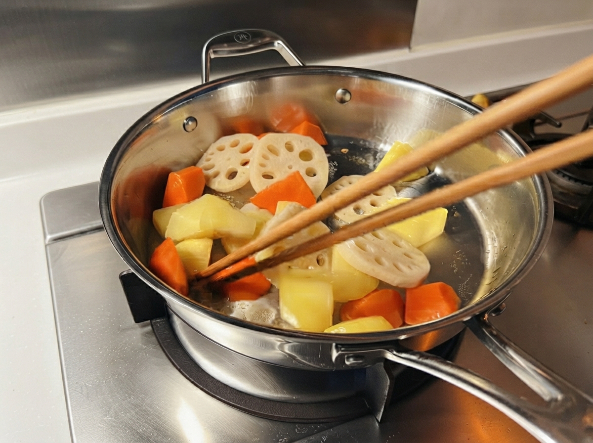 Fette di verdure mescolate in una padella di acciaio inossidabile sopra un fornello con le bacchette.