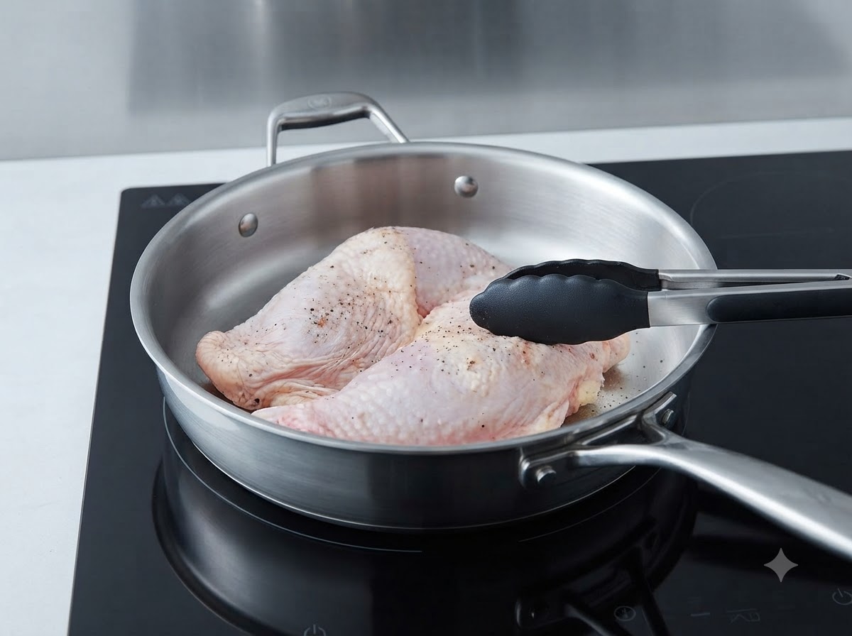 Cosce di pollo condite che friggono in una padella di acciaio inossidabile manipolate con pinze nere.