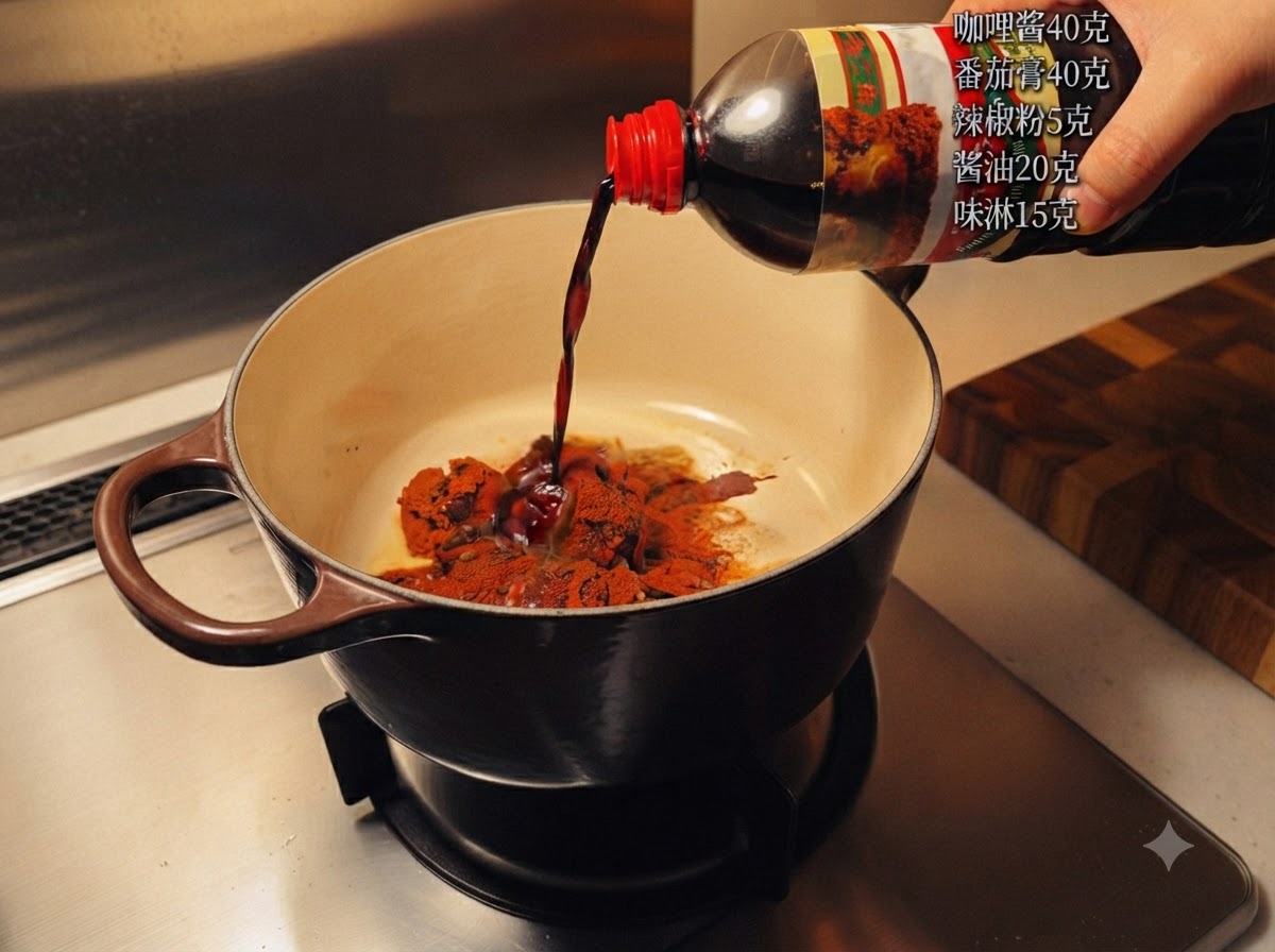 Salsa scura versata da una bottiglia in una pentola contenente pasta di curry e spezie sopra un fornello.