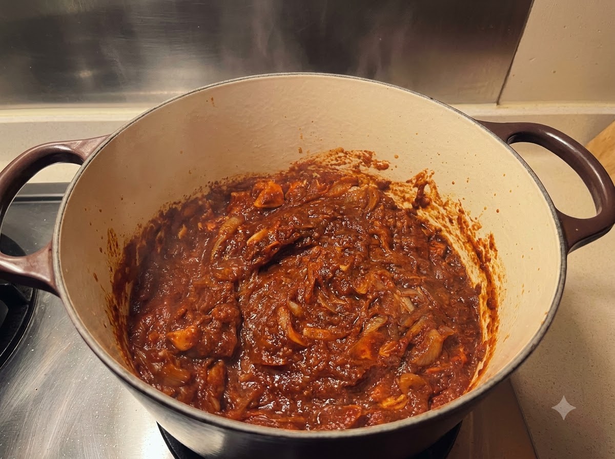 Brodo liquido versato in una grande pentola olandese riempita con una base di curry ricca e scura.