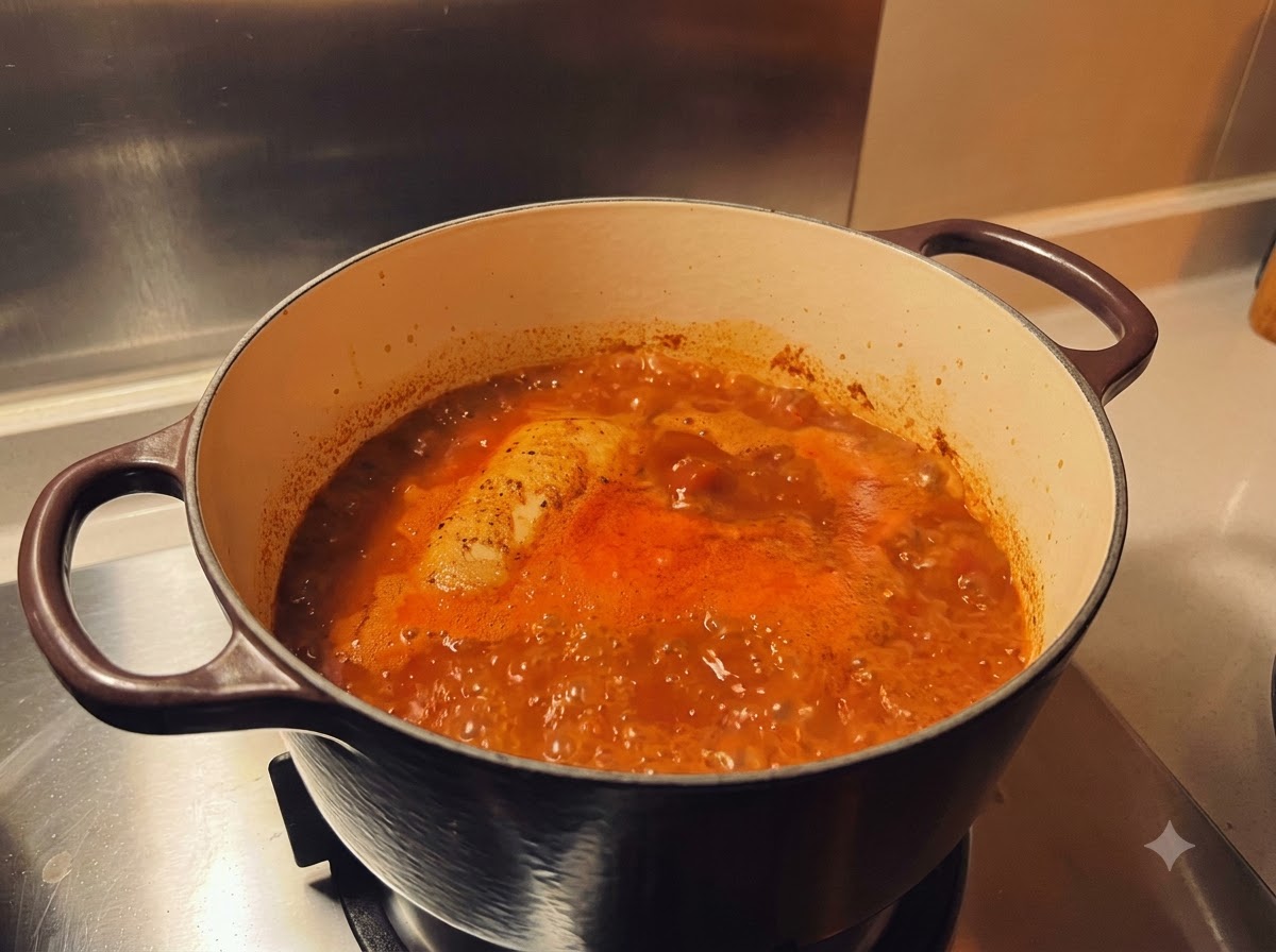 Una singola coscia di pollo condita immersa in un brodo di curry rosso-arancio vibrante e bollente allinterno di una pentola.