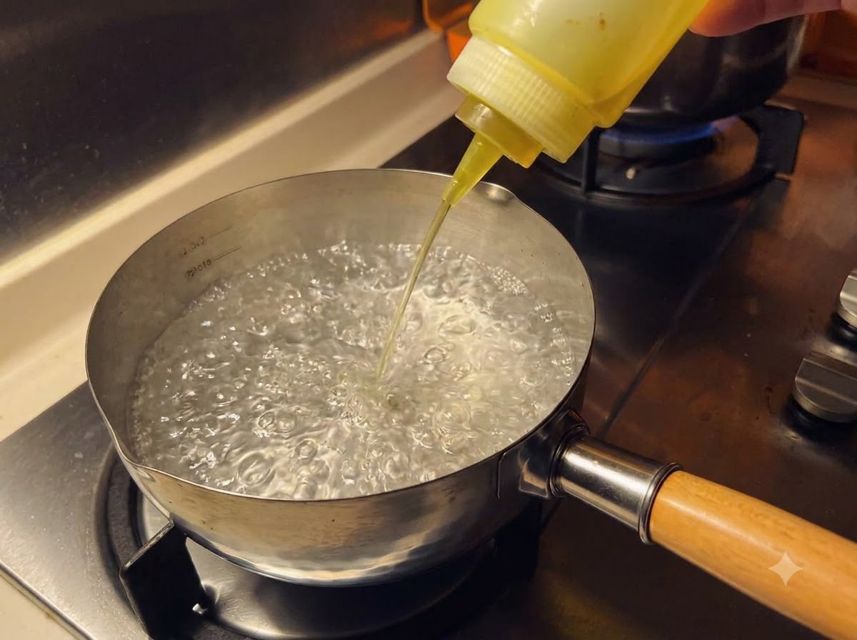 Olio da cucina versato da una bottiglia squeezer in una piccola pentola di acqua bollente e frizzante su un fornello.