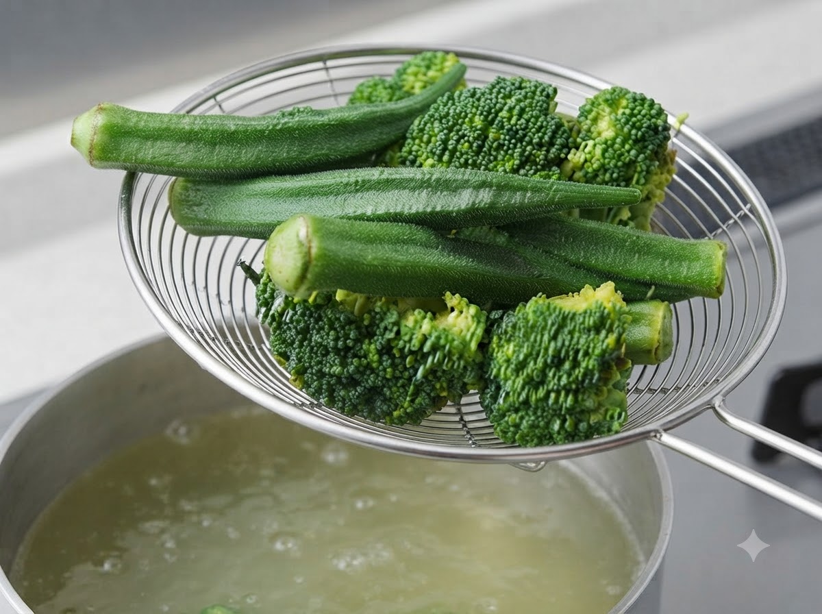 Un colino a rete metallica che trattiene cimette di broccoli fresche e sbollentate e okra verdi intere sopra una pentola fumante.