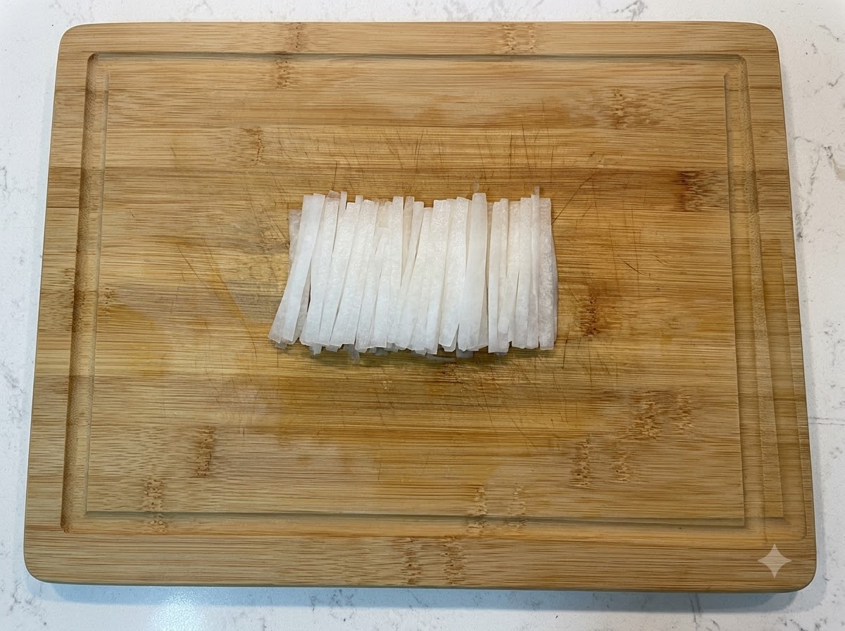 Ravanello bianco tagliato sottilmente e disposto ordinatamente su un tagliere di legno.