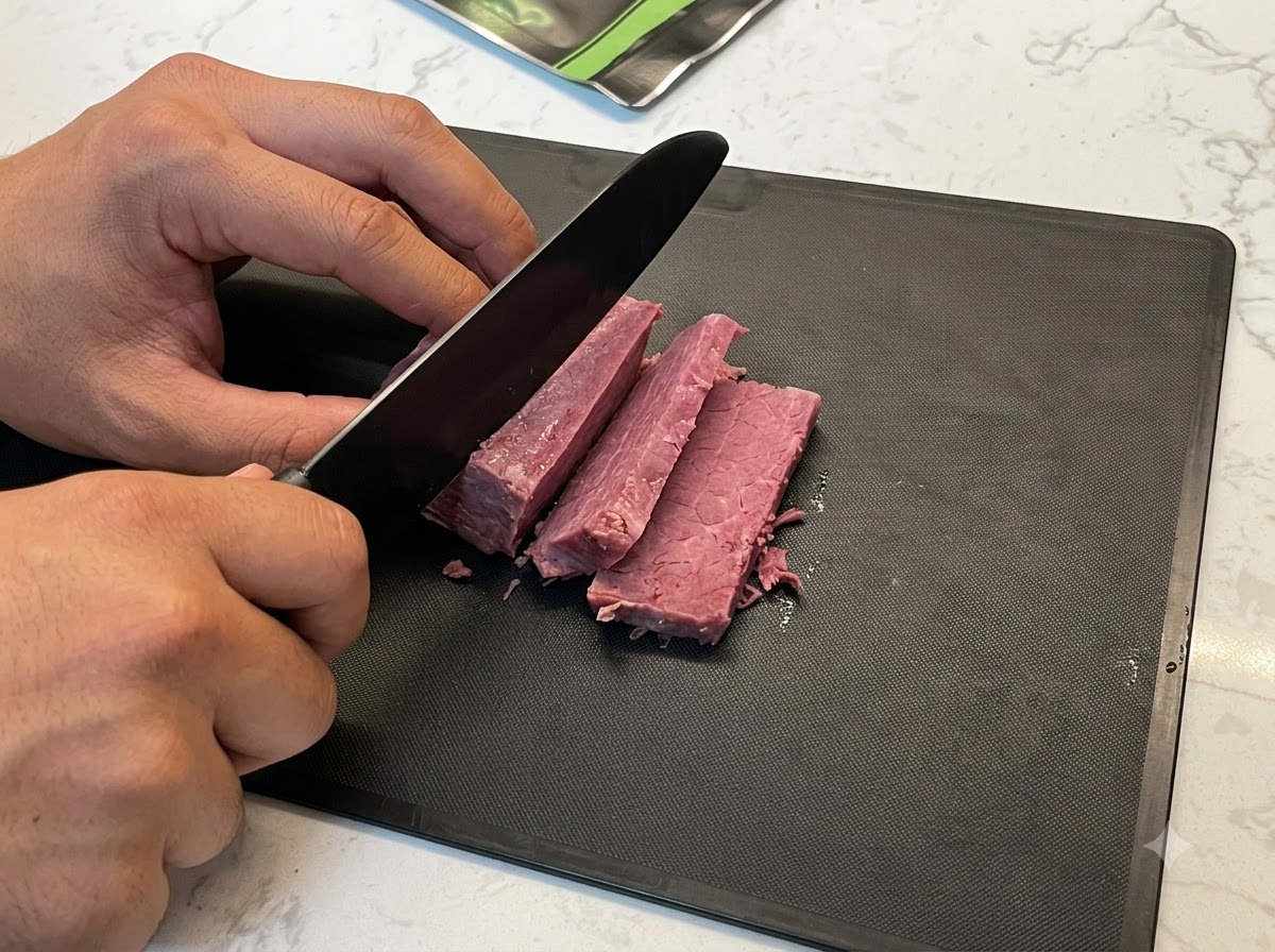 Spessi pezzi di manzo cotto tagliati su un tagliere scuro.