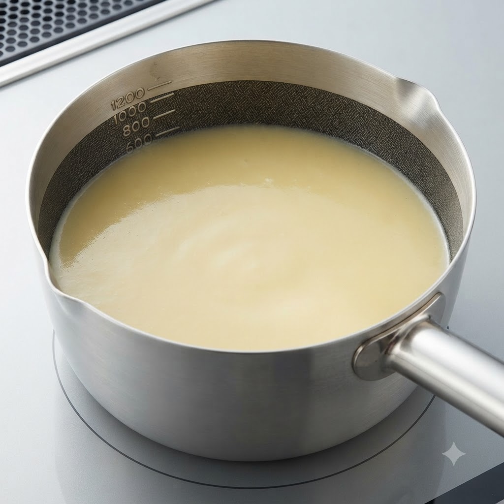 Brodo di miso bianco liscio mescolato allinterno di un pentolino di metallo.