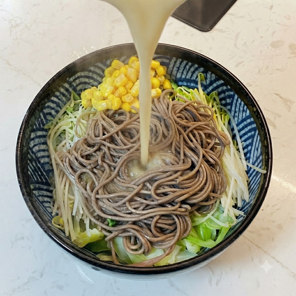 Brodo di miso caldo versato da una brocca in una ciotola contenente noodles di soba, cavolo, germogli di soia e mais.