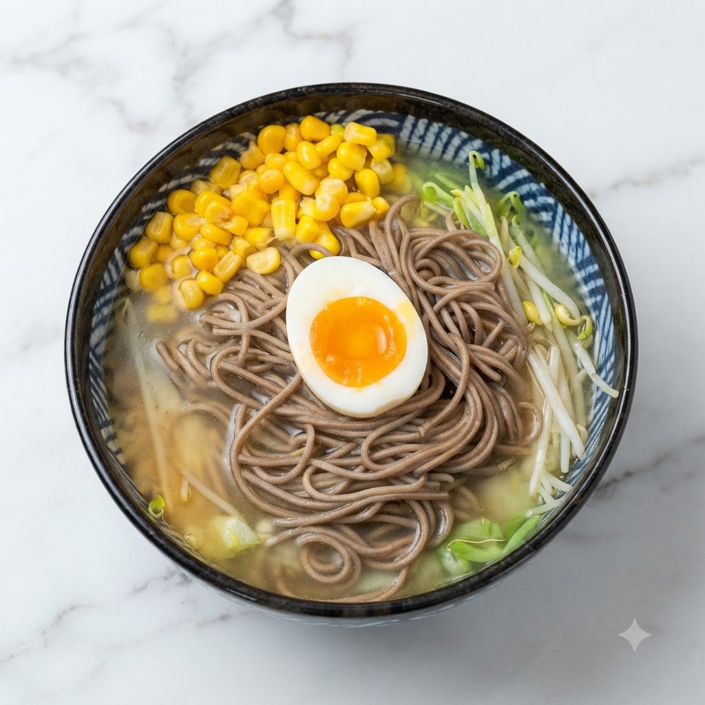 Un uovo alla coque tagliato a metà posizionato delicatamente sopra i noodles di grano saraceno in una ciotola.