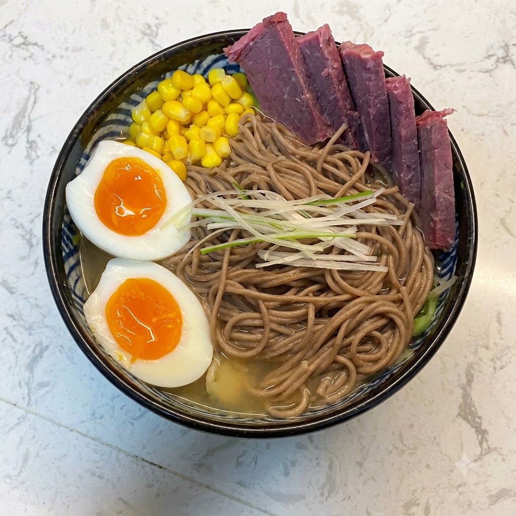 Fette di manzo disposte ordinatamente lungo il bordo della ciotola di ramen sopra i noodles e la zuppa.
