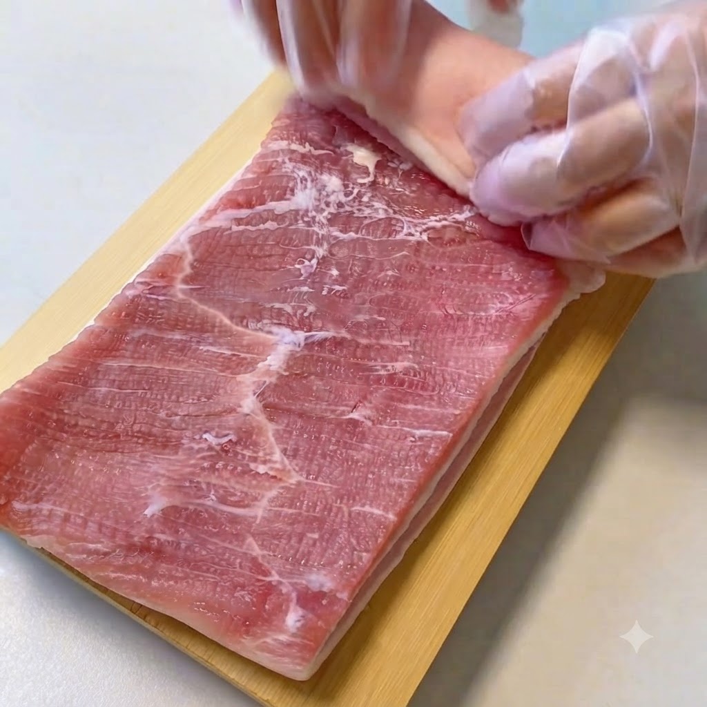 Mani con guanti protettivi che arrotolano saldamente un taglio piatto di pancetta di maiale cruda su un tagliere di legno.