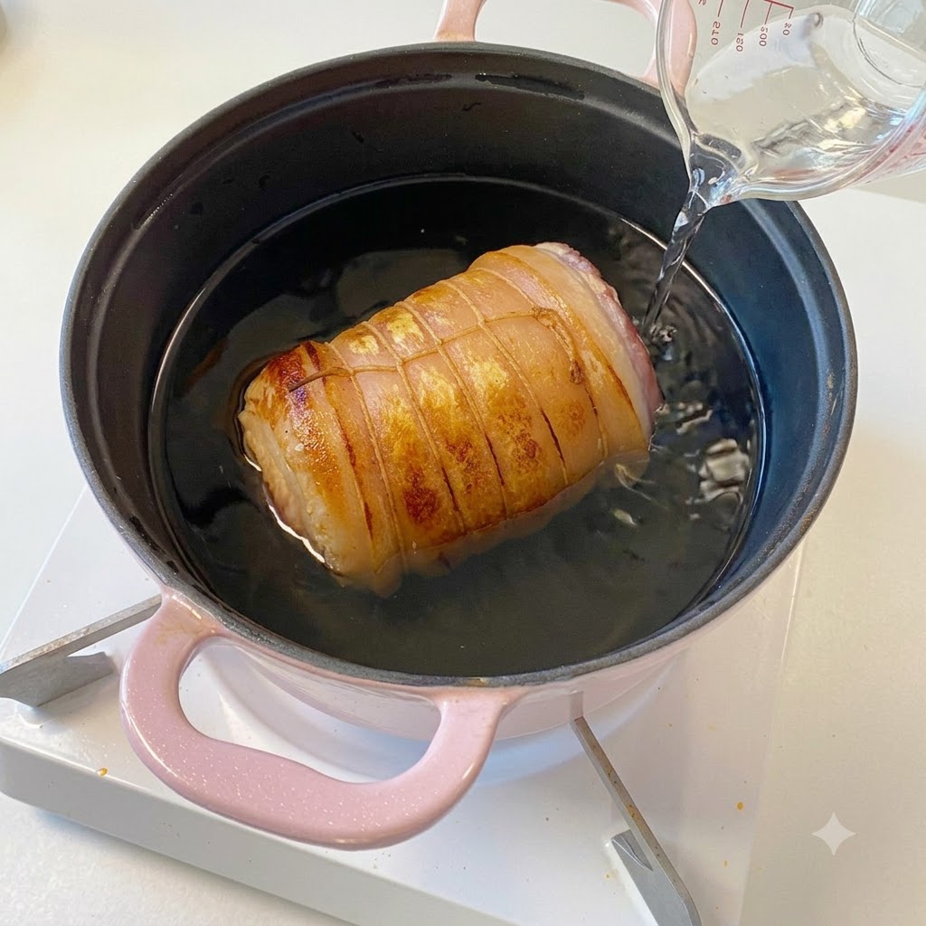 Acqua e salse da cucina versate da un misurino in una pentola rosa contenente il rotolo di maiale rosolato.