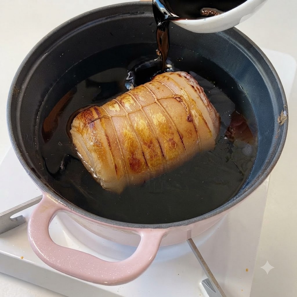 Zucchero bianco versato da un piccolo piatto bianco nel liquido di brasatura allinterno della pentola rosa.