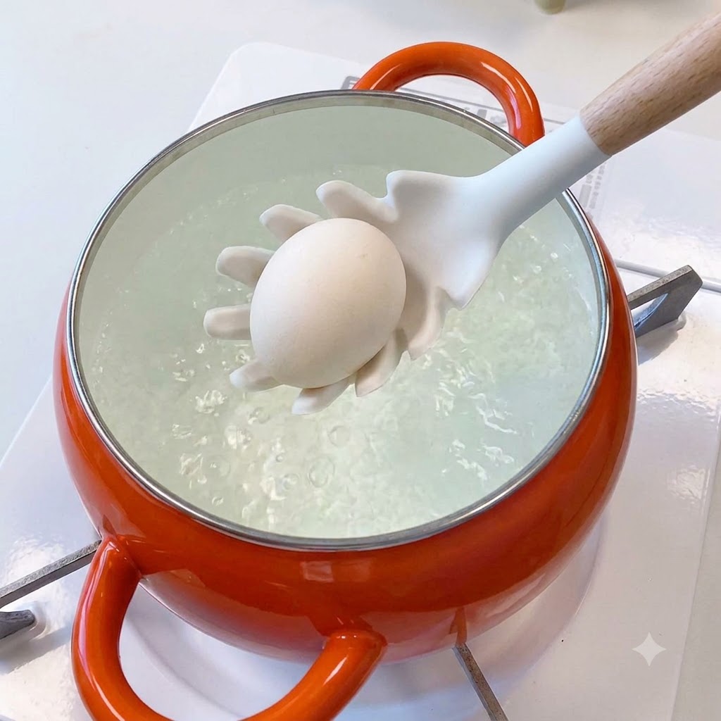 Un uovo calato con un cucchiaio forato in una pentola arancione piena di acqua bollente.