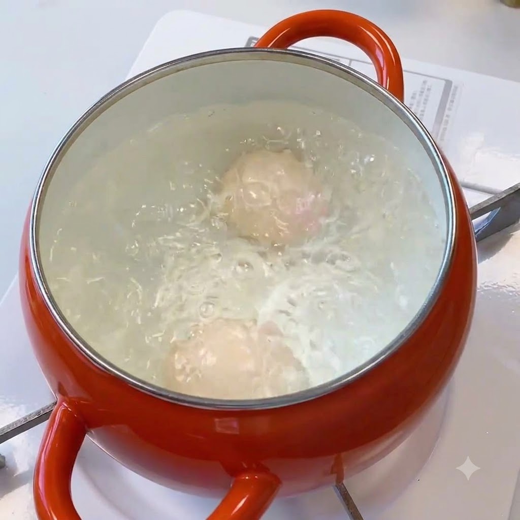 Uova che bollono vigorosamente allinterno di una pentola dacqua arancione.