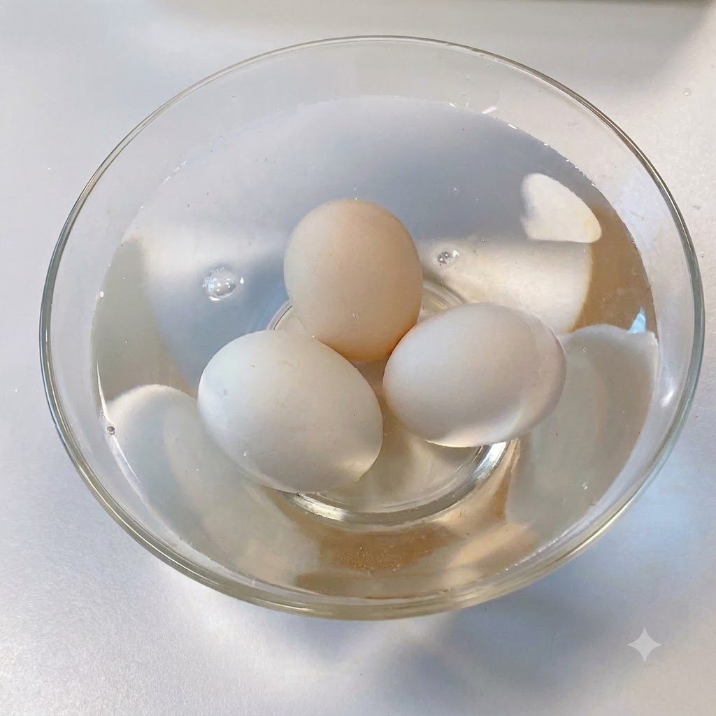 Tre uova bianche pelate adagiate allinterno di una ciotola di vetro trasparente piena di acqua fredda.