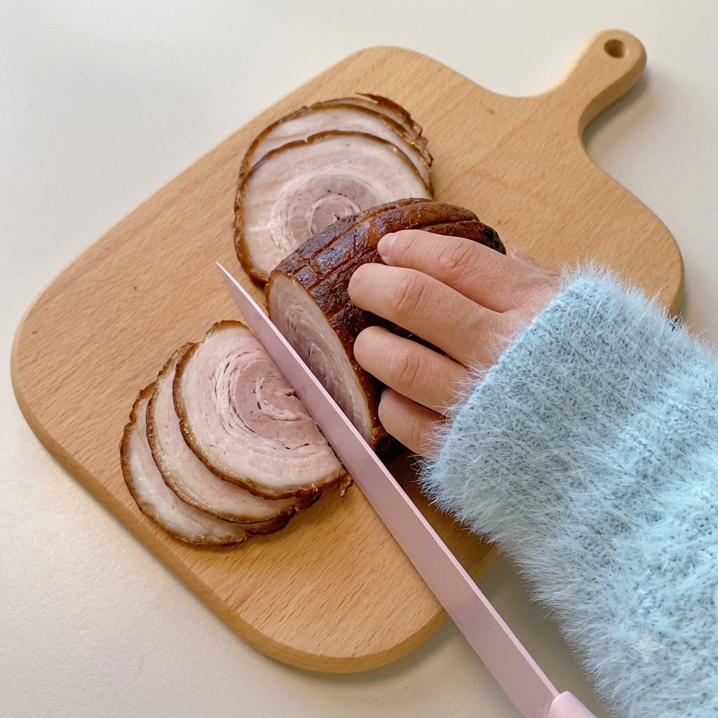 Una mano che usa un coltello rosa per affettare un rotolo di maiale chashu brasato su un tagliere di legno in fette tonde pulite.