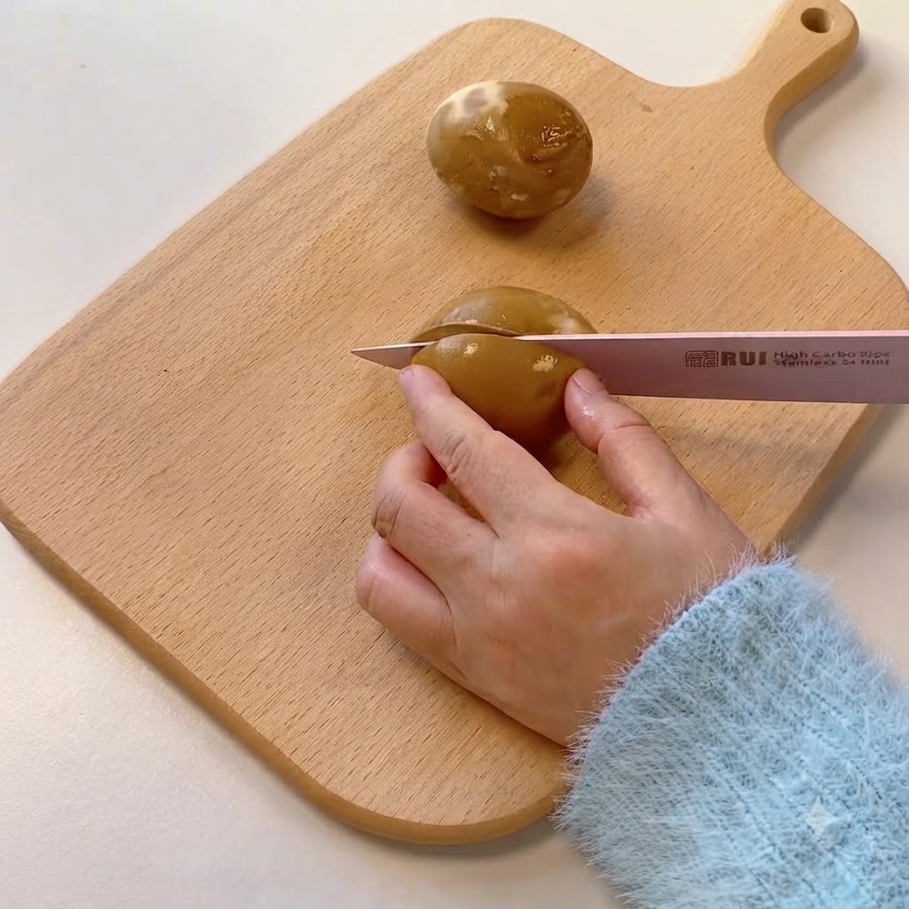 Un uovo barzotto marinato tagliato a metà su un tagliere di legno, che espone il tuorlo cremoso.