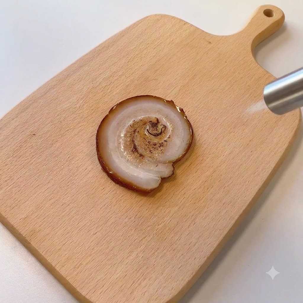 Un cannello da cucina utilizzato per bruciacchiare la superficie di una singola fetta di maiale chashu su un asse di legno.