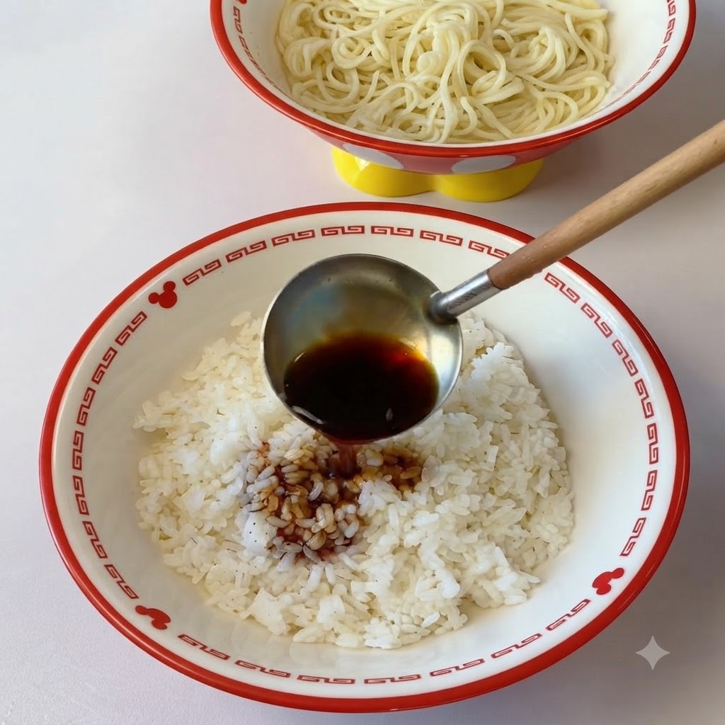 Un mestolo che versa salsa di condimento scura e brodo di carne su una ciotola di riso bianco cotto.
