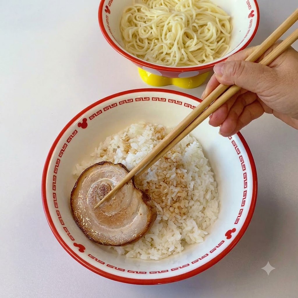 Bacchette che mettono una fetta di maiale chashu sulla ciotola di riso condita.