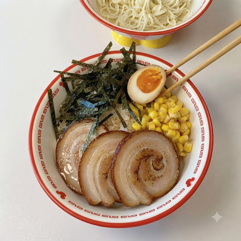 Bacchette che posizionano delicatamente un uovo barzotto tagliato a metà con un centro arancione vivo e liquido su una ciotola preparata di riso chashu.