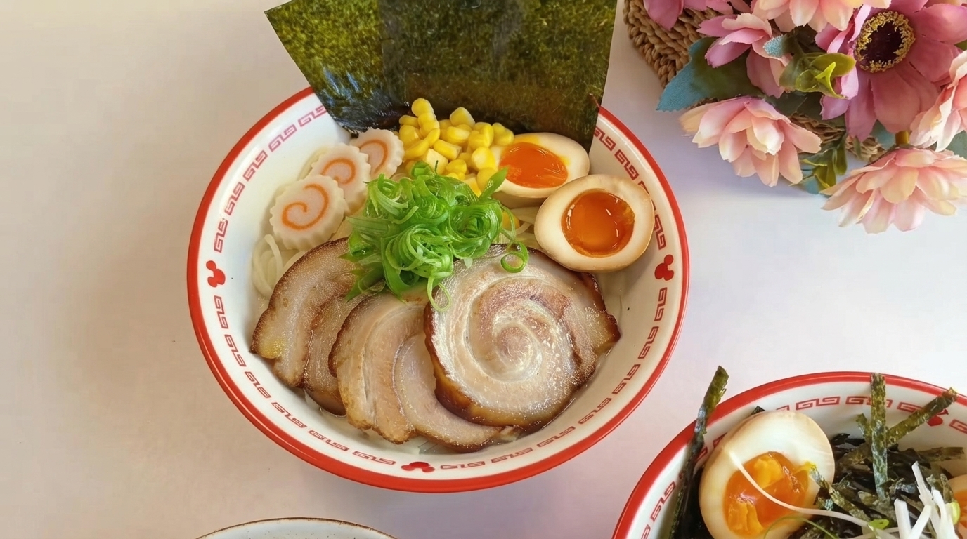 Una vivace ciotola di ramen tonkotsu giapponese fatto in casa e un contorno di saporito riso chashu.