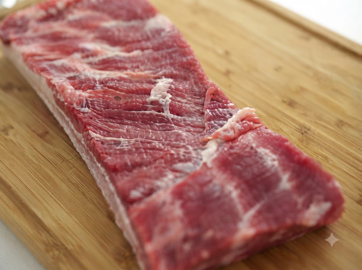 Un cilindro stretto di pancetta di maiale magra cruda arrotolato su un tagliere di bambù.