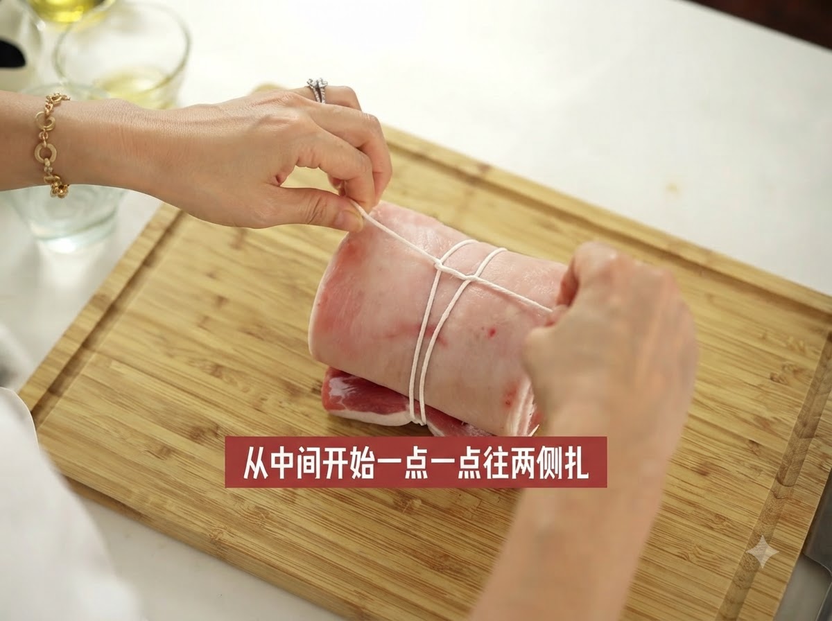Un pezzo di pancetta di maiale arrotolato legato saldamente con spago da cucina bianco lungo la sua lunghezza.