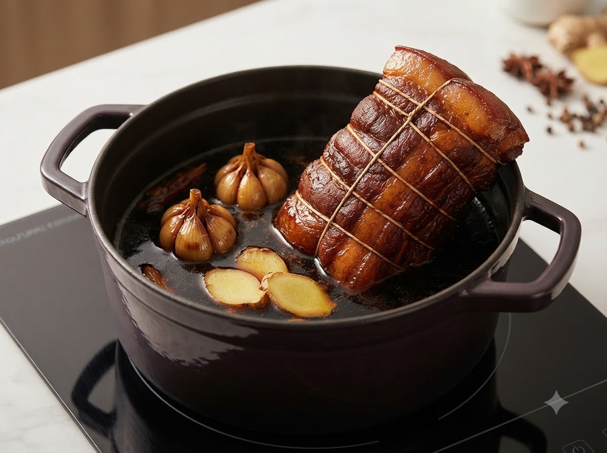 Una pentola contenente il rotolo di maiale scottato, spicchi daglio, fette di zenzero e liquido di brasatura scuro.