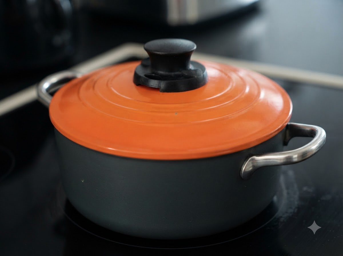 Una pentola olandese arancione con coperchio posizionata su un piano cottura o superficie riscaldante.