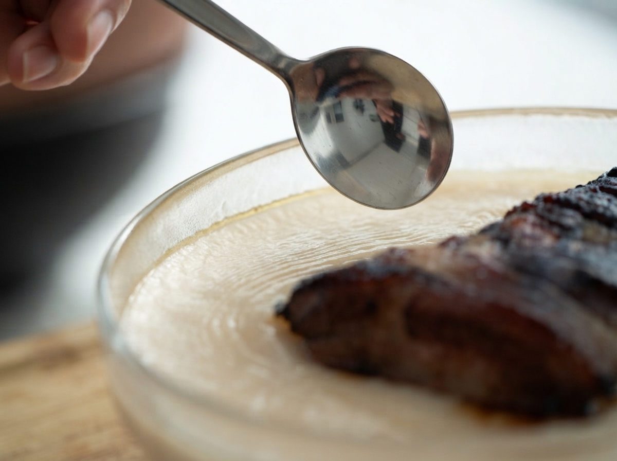 Un cucchiaio di metallo che solleva delicatamente uno strato di grasso bianco solido dalla superficie del liquido di brasatura freddo e gelatinoso in una ciotola trasparente.