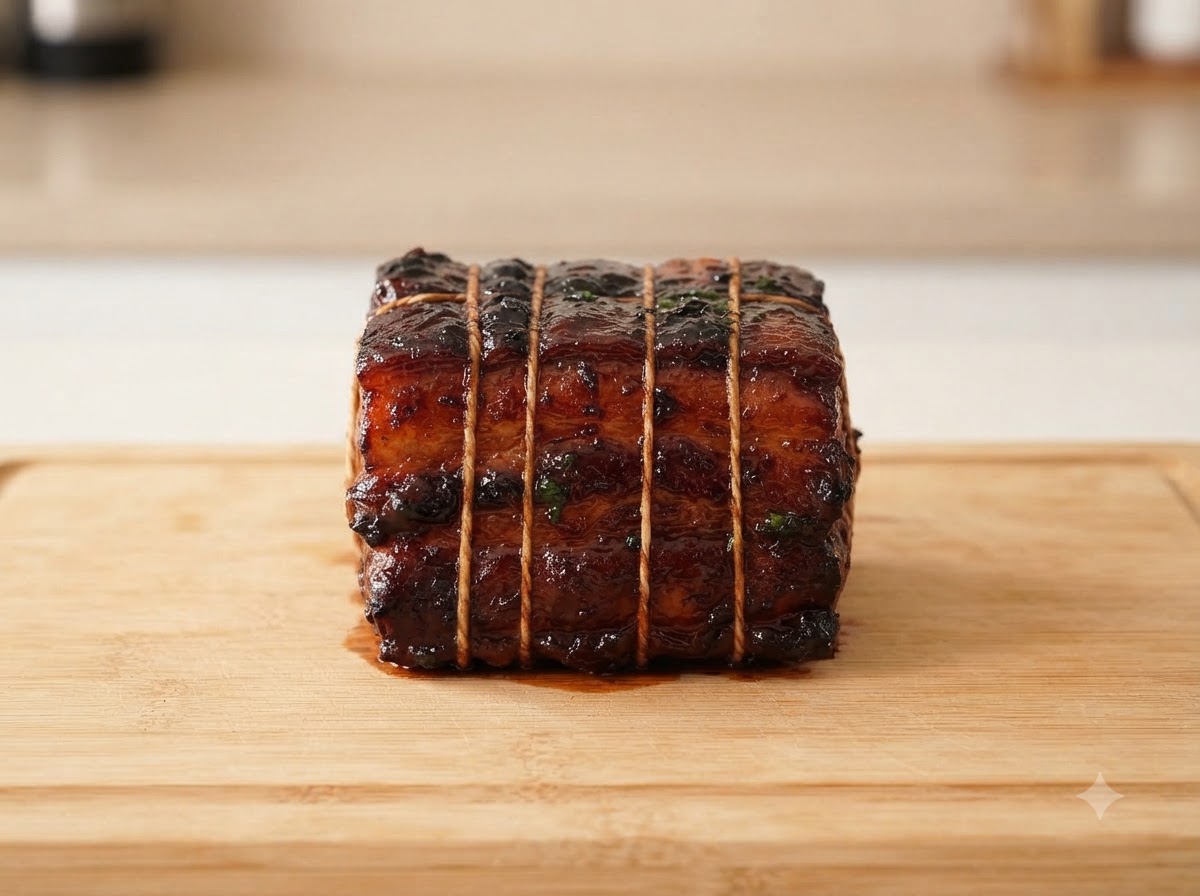 Un coltello affilato che taglia un rotolo di maiale chashu sodo e freddo su un tagliere di legno, rivelando strati ordinati di carne e grasso.