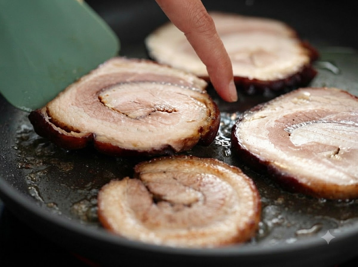 Fette circolari spesse di pancetta di maiale chashu che sfrigolano in una padella mentre vengono controllate con un dito.