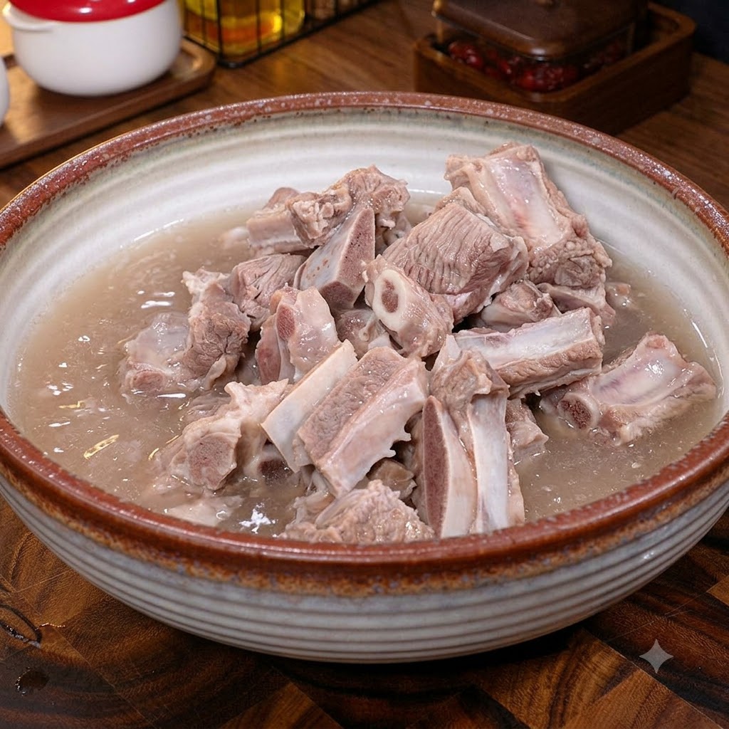 Pezzi di manzo in ammollo e risciacquati in una grande ciotola di ceramica decorata con acqua.