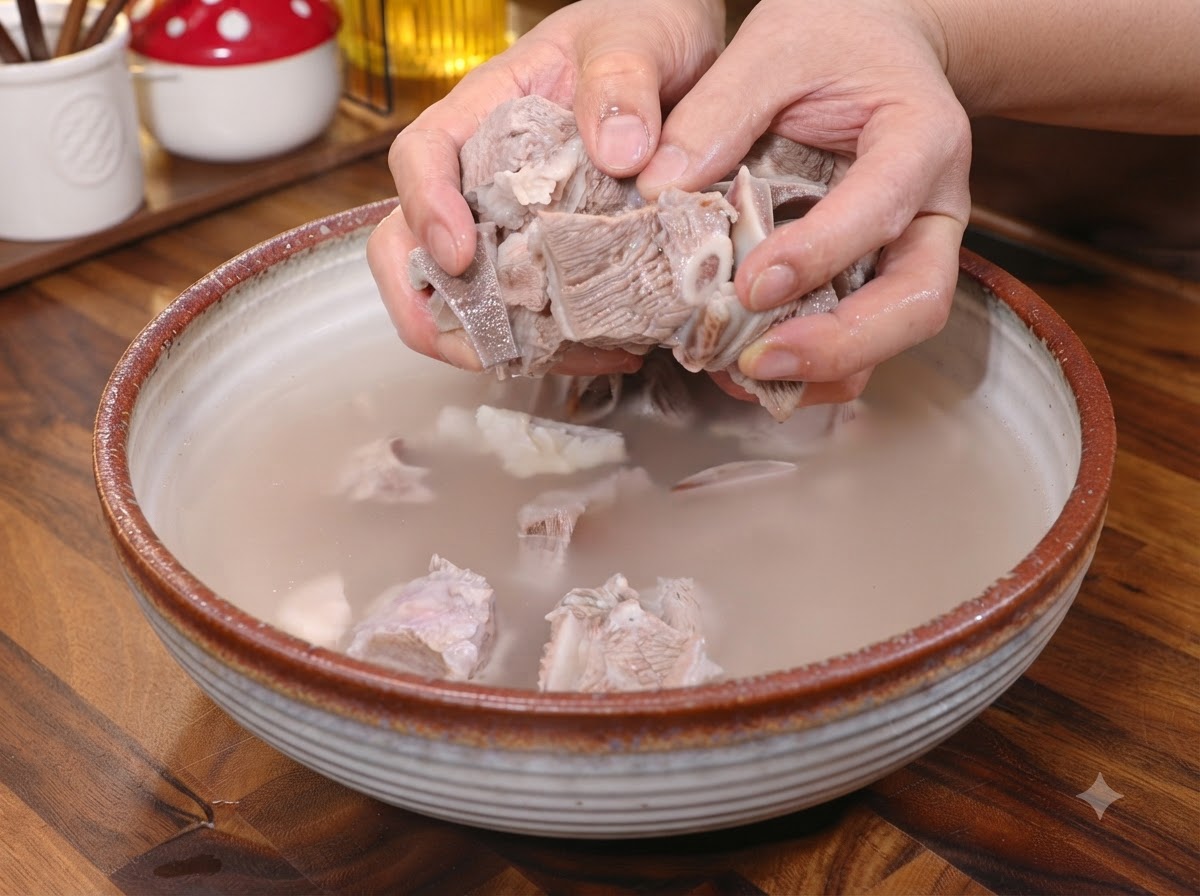 Mani che mettono i pezzi di carne sbollentati in una padella contenente zenzero, cipollotti e spezie.