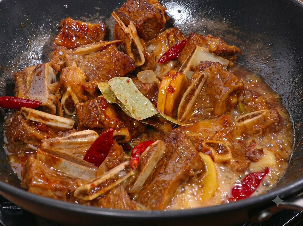Pezzi di carne ricoperti con salsa di soia e spezie che sobbollono in un wok.