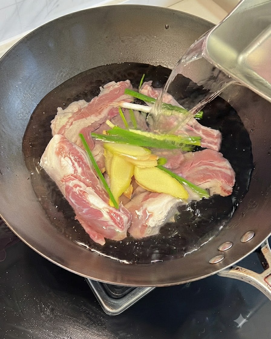 Costolette di manzo crude in un wok con acqua, fette di zenzero e cipollotti.